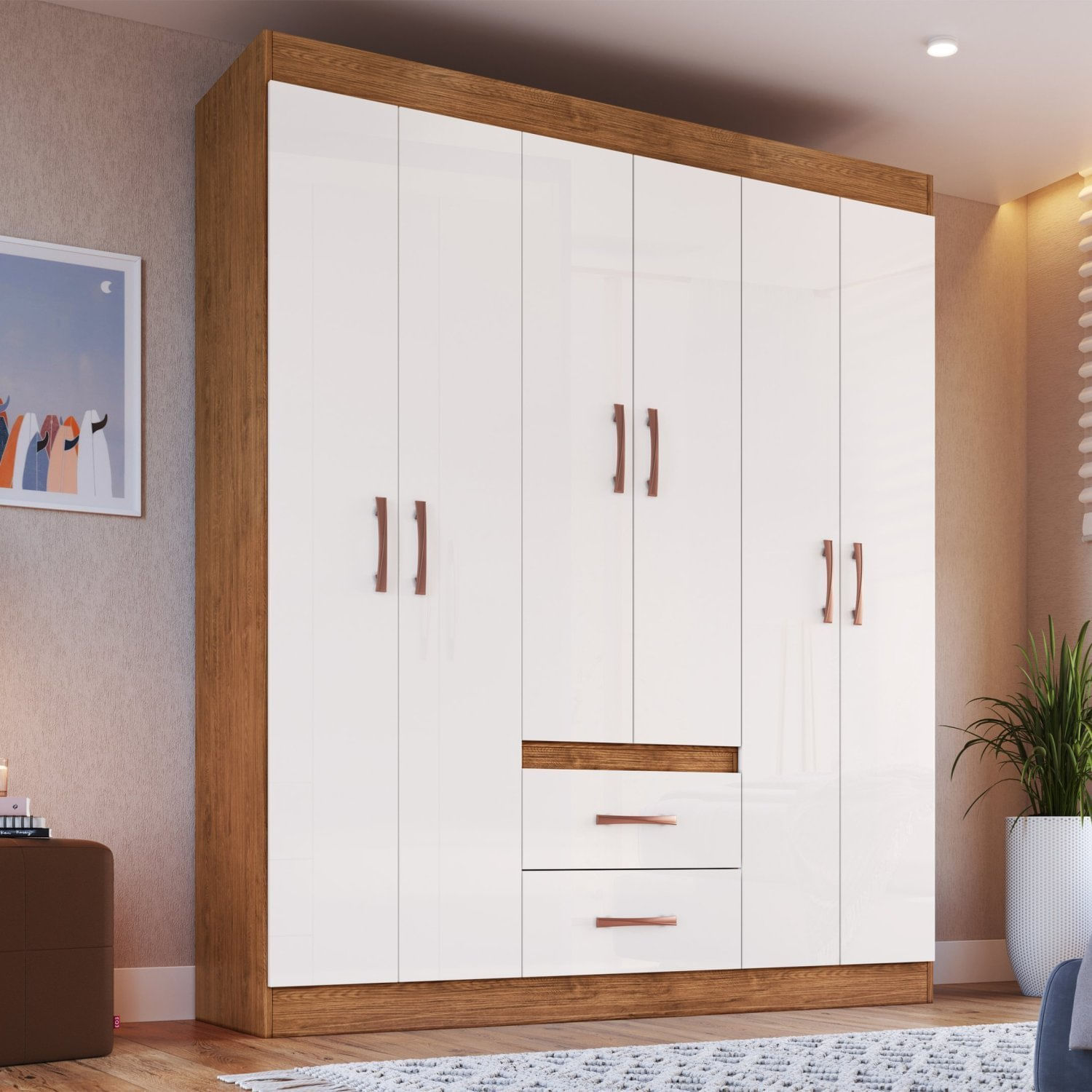 Guarda Roupa Solteiro 6 Portas 2 Gavetas Montevideu Móveis Doripel Off White/nogueira