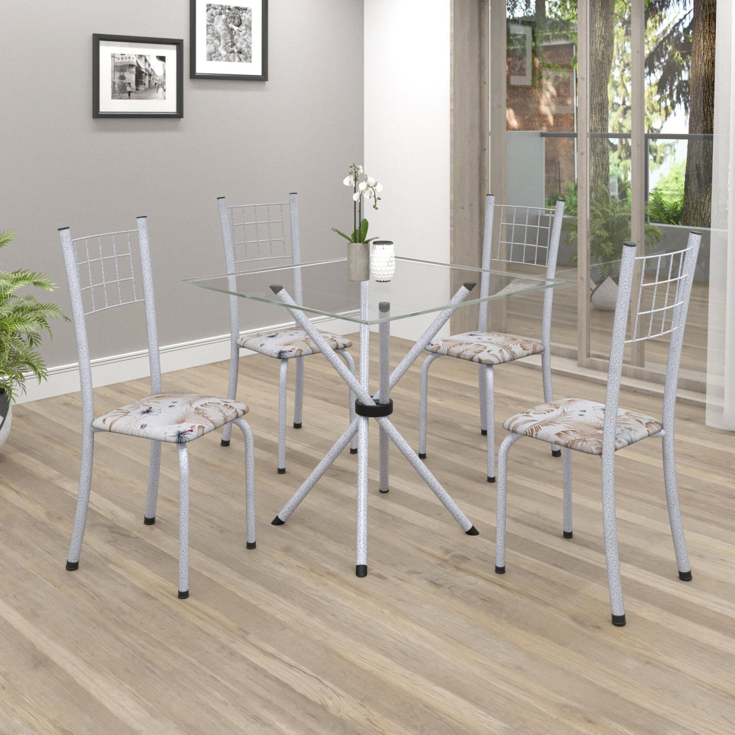 Conjunto De Mesa Tubular 70x70cm Tampo Em Vidro Com 4 Cadeiras Dany Soma Móveis Botanic Bege/martelado Perola/incolor