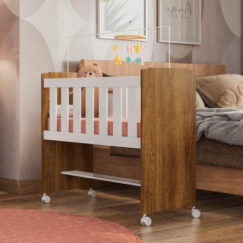 Mini Berço 100% MDF com Colchão Léo Yescasa Branco/Ipê