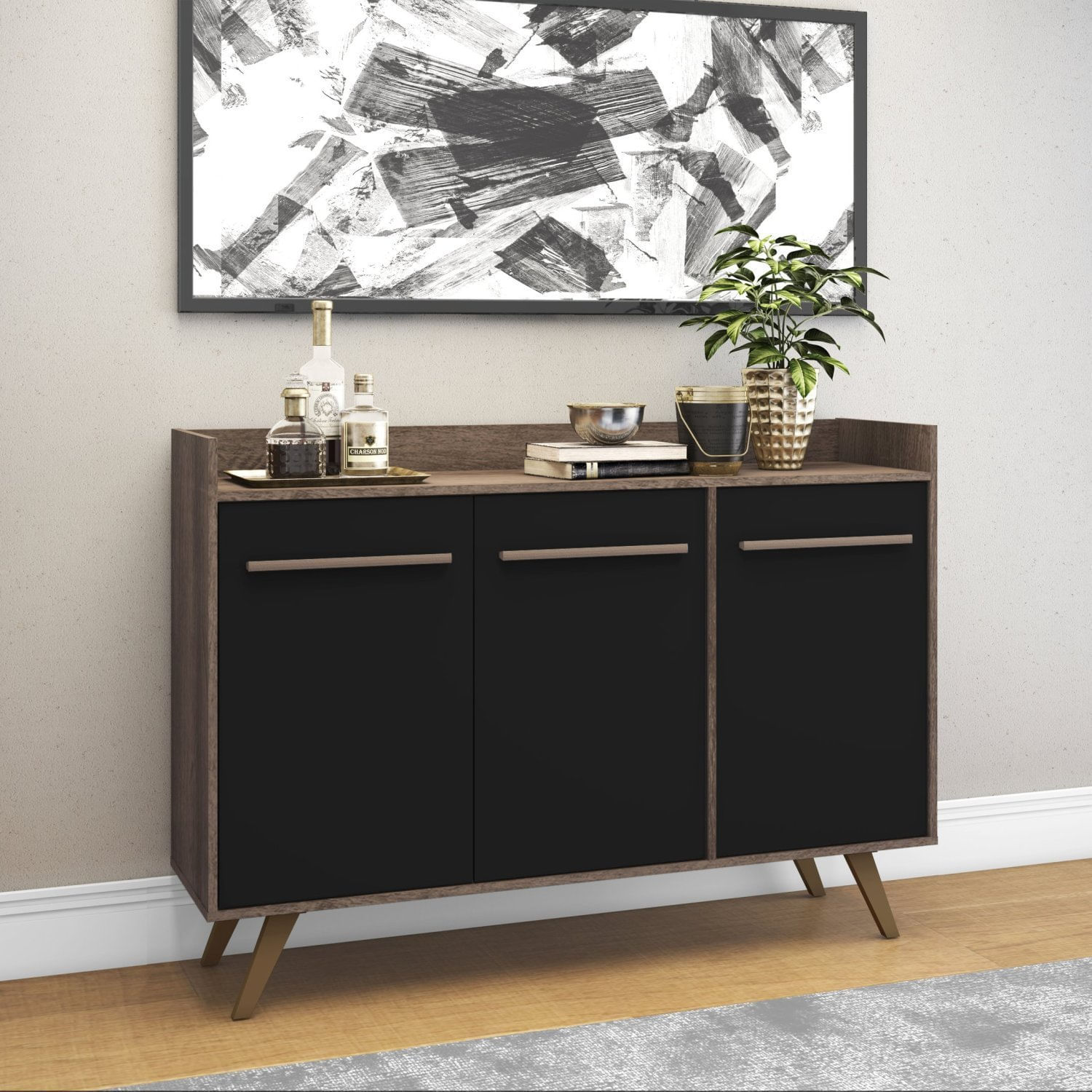 Buffet Aparador 3 Portas Rt 3134 Rústico/ Preto