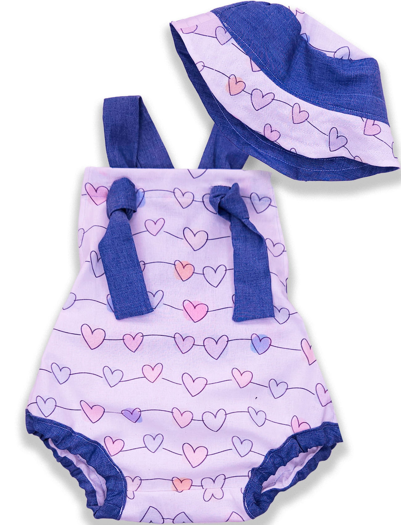 Jardineira Banho De Sol Bebê Menina+ Chapéu De Praia Romper