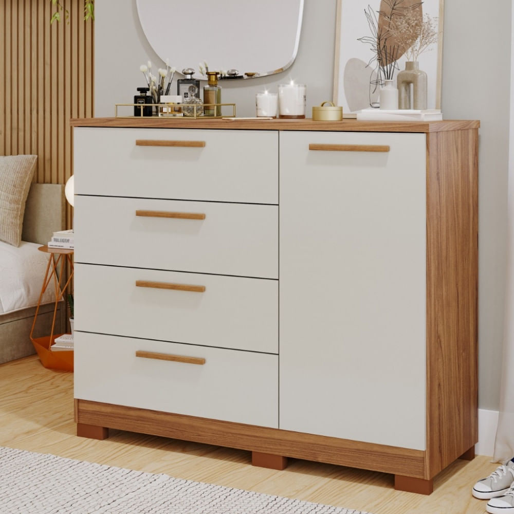 Cômoda 4 Gavetas 1 Porta Com Pés 100 Mdf Malu Panan