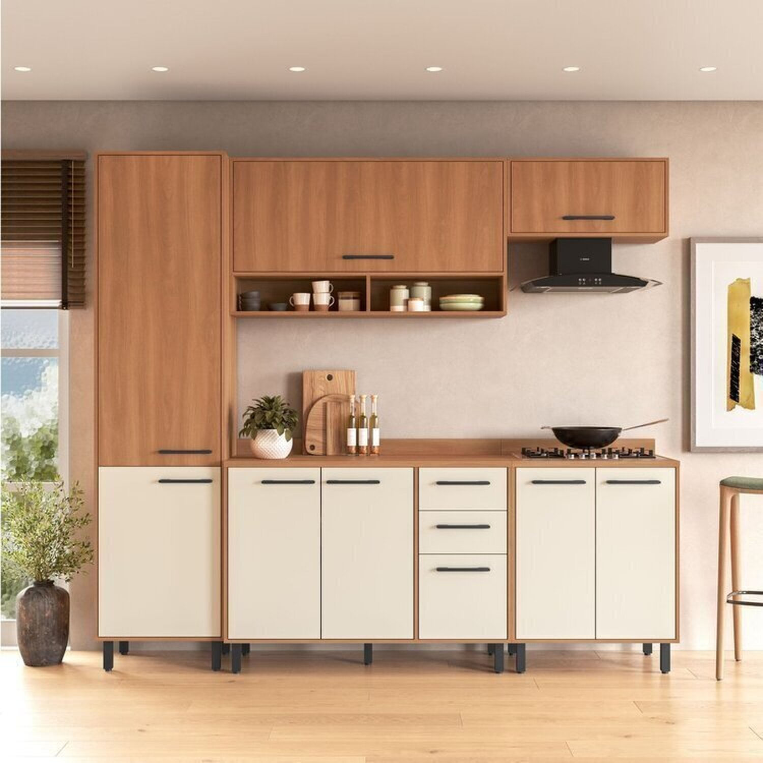 Cozinha Modulada Havana 5 Peças Com Tampo E Paneleiro 09 Portas E 2 Gavetas Rovere/champanhe