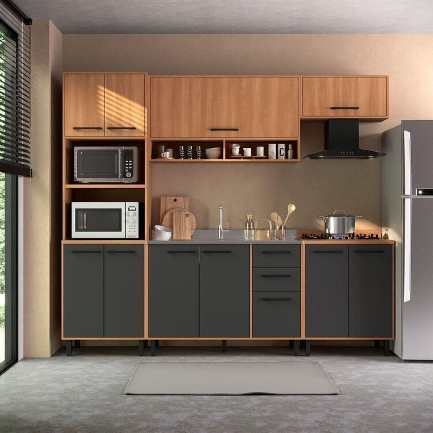 Cozinha Modulada Havana 05 Peças Com 11 Portas E 02 Gavetas Rovere/grafite