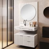 Conjunto Para Banheiro Bancada Em Porcelanato Com Cuba Esculpida, Armário E Espelho Ripy 80cm Branco