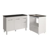 Balcão Armário Gabinete Aline 118 Cm Branco Com Tampo Preto E Balcão Evelyn Para Cooktop 5 Bocas Branco