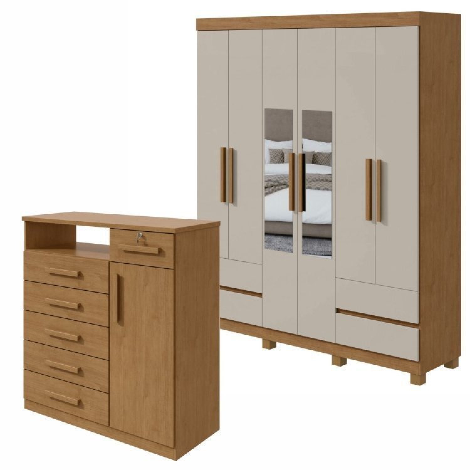 Conjunto De Guarda-roupa 6 Portas 4 Gavetas Zeus Com Espelho E Com Pés e Cômoda Com Nicho Da Vinci Amêndoa Clean/off White