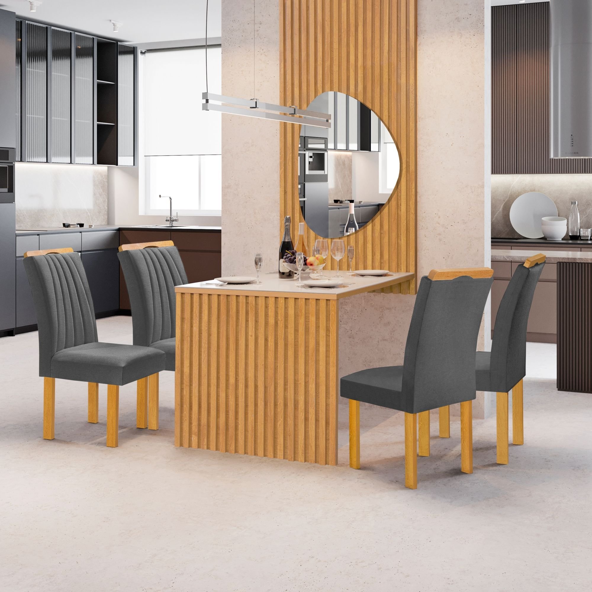 Conjunto Mesa Bella Ripada 120cm Com Painel Espelhado Tampo Bella Com Vidro 4 Cadeiras Arizona Cinamomo/off White/veludo Cinza