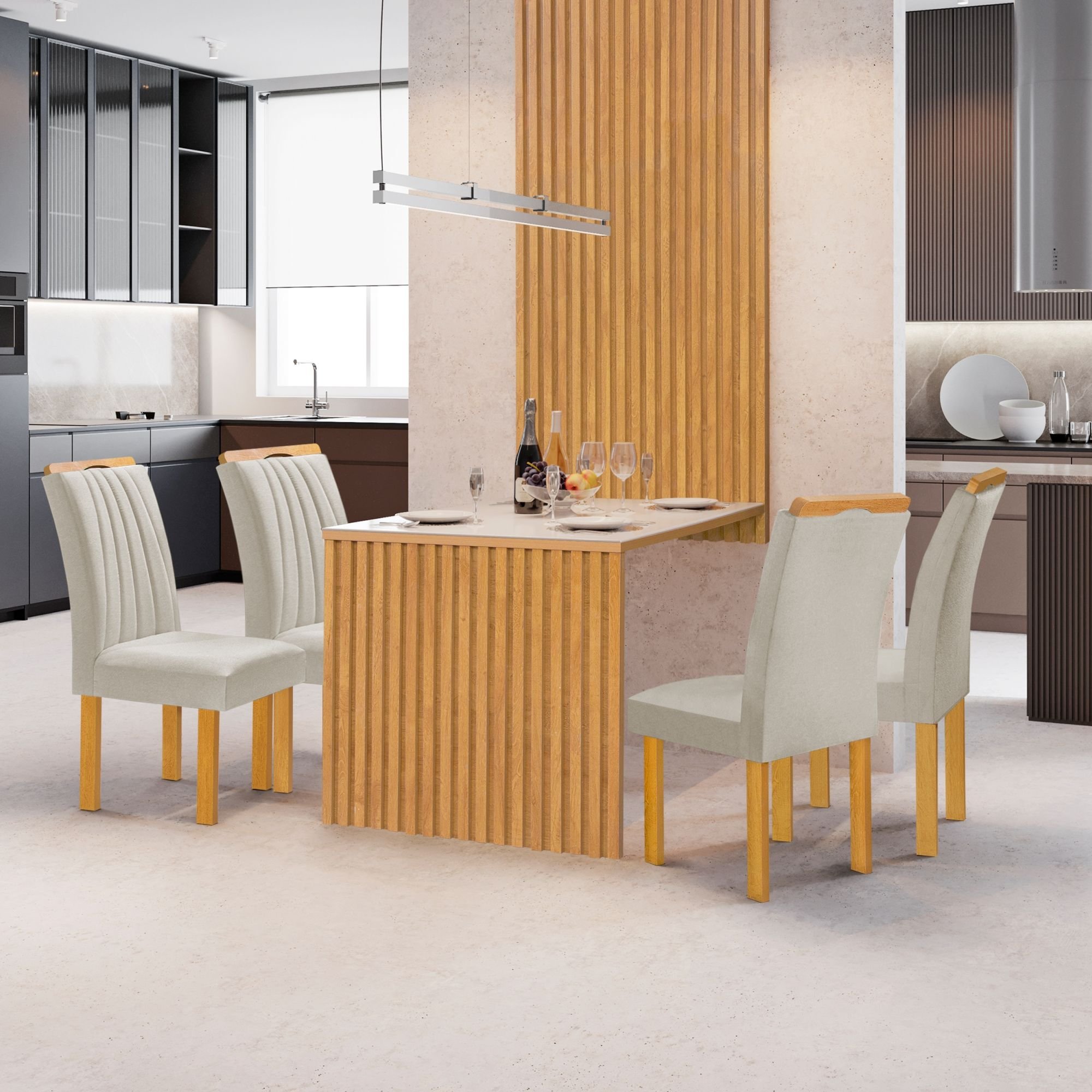 Conjunto Mesa Bella Ripada 120cm Com 4 Cadeiras Arizona Tampo Bella Com Vidro Cinamomo/off White/veludo Bege Claro