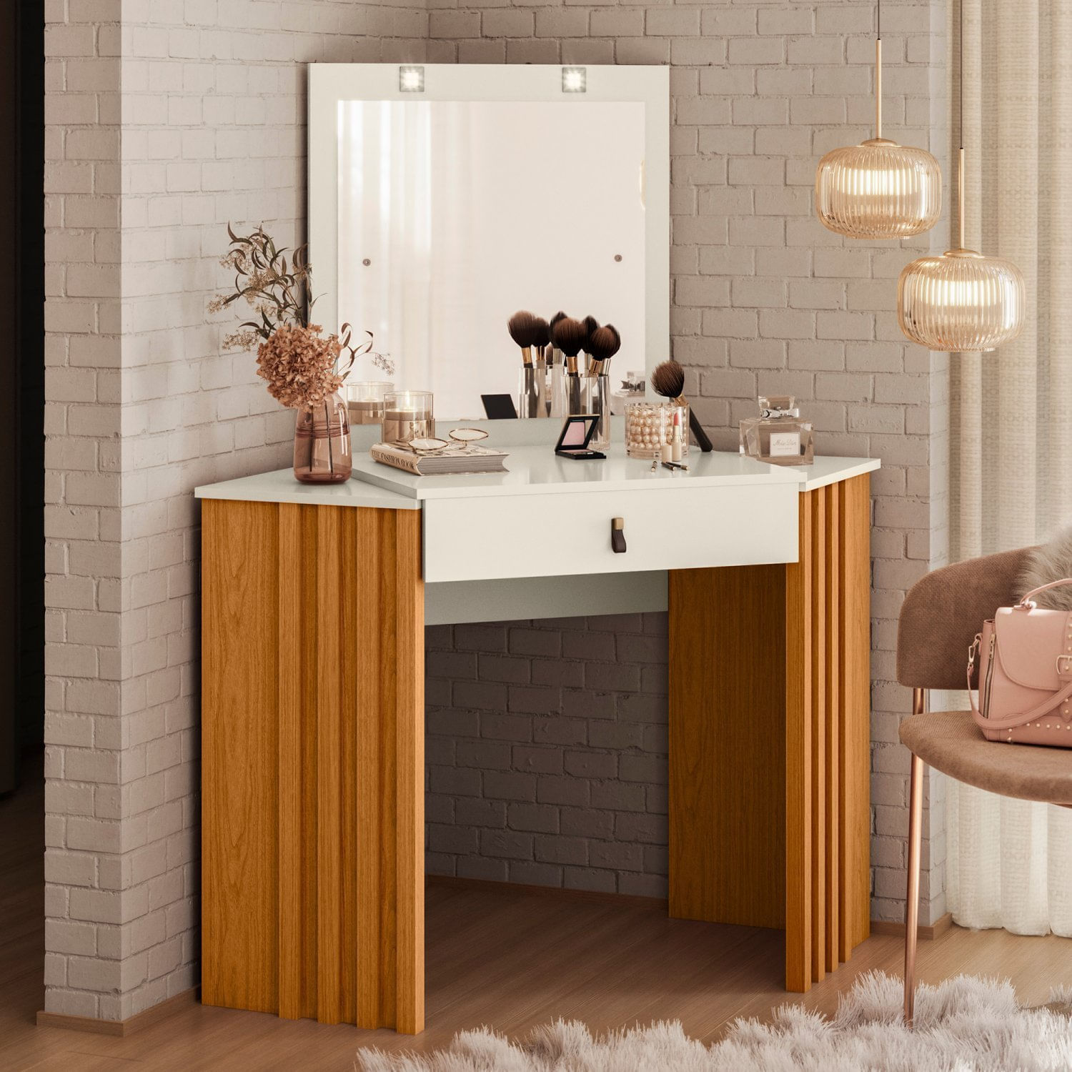 Penteadeira Camarim de Canto Glitter Cinamomo/Off White