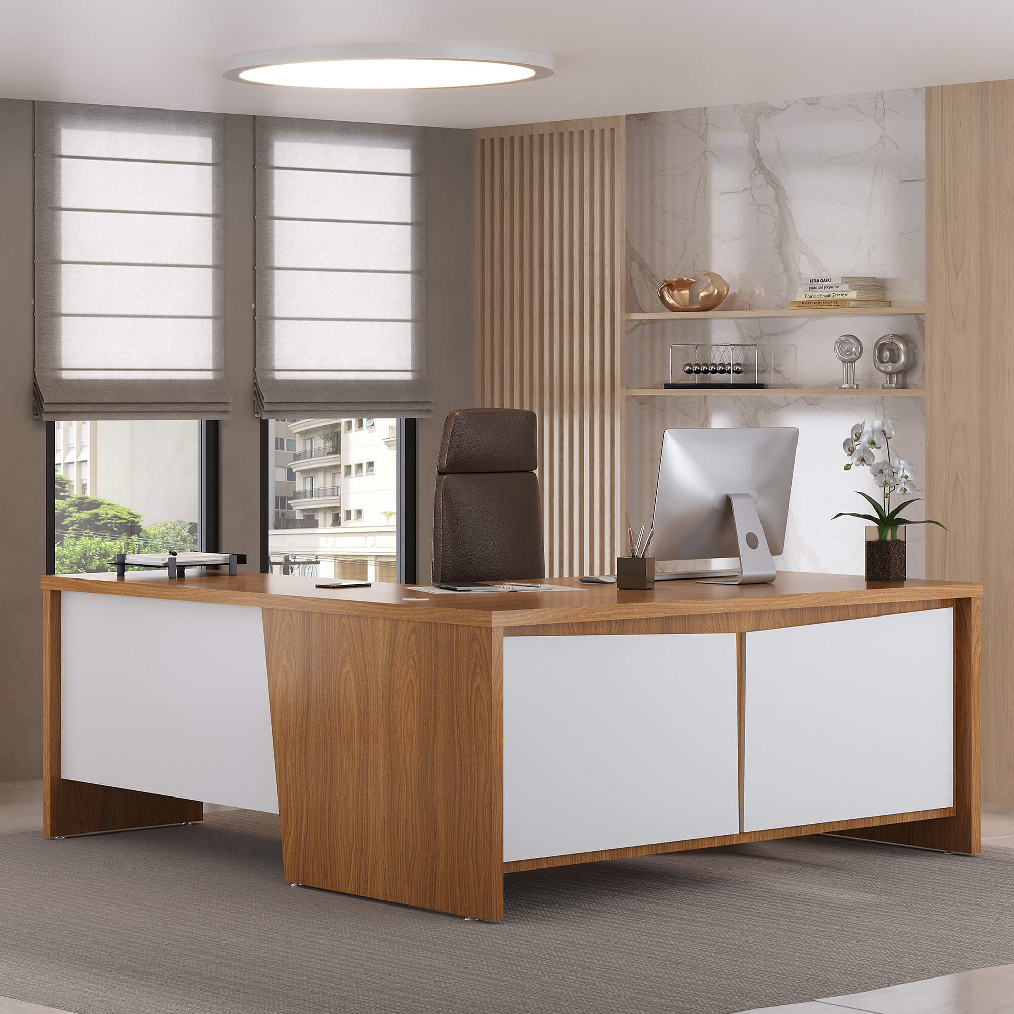 Mesa Para Escritório Em L Tamburato Chefia Y37 Cor Freijó Com Branco