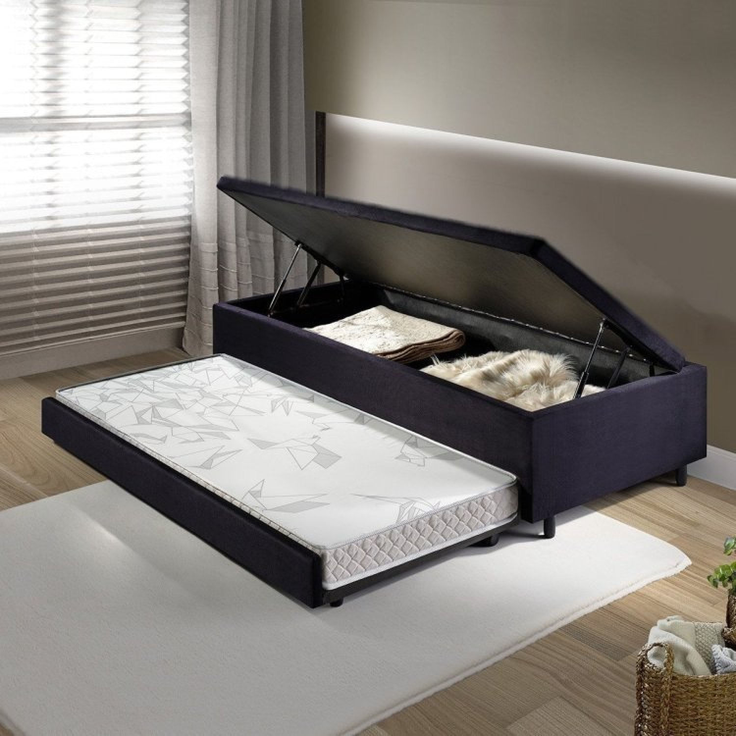 Bicama Com Baú Solteirão Reforçado 96x203 Cm Em Suede Preto