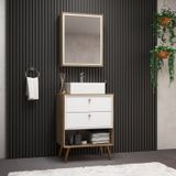 Gabinete Com Pés Para Banheiro 60cm Com Cuba E Armário Gael Nogal/branco