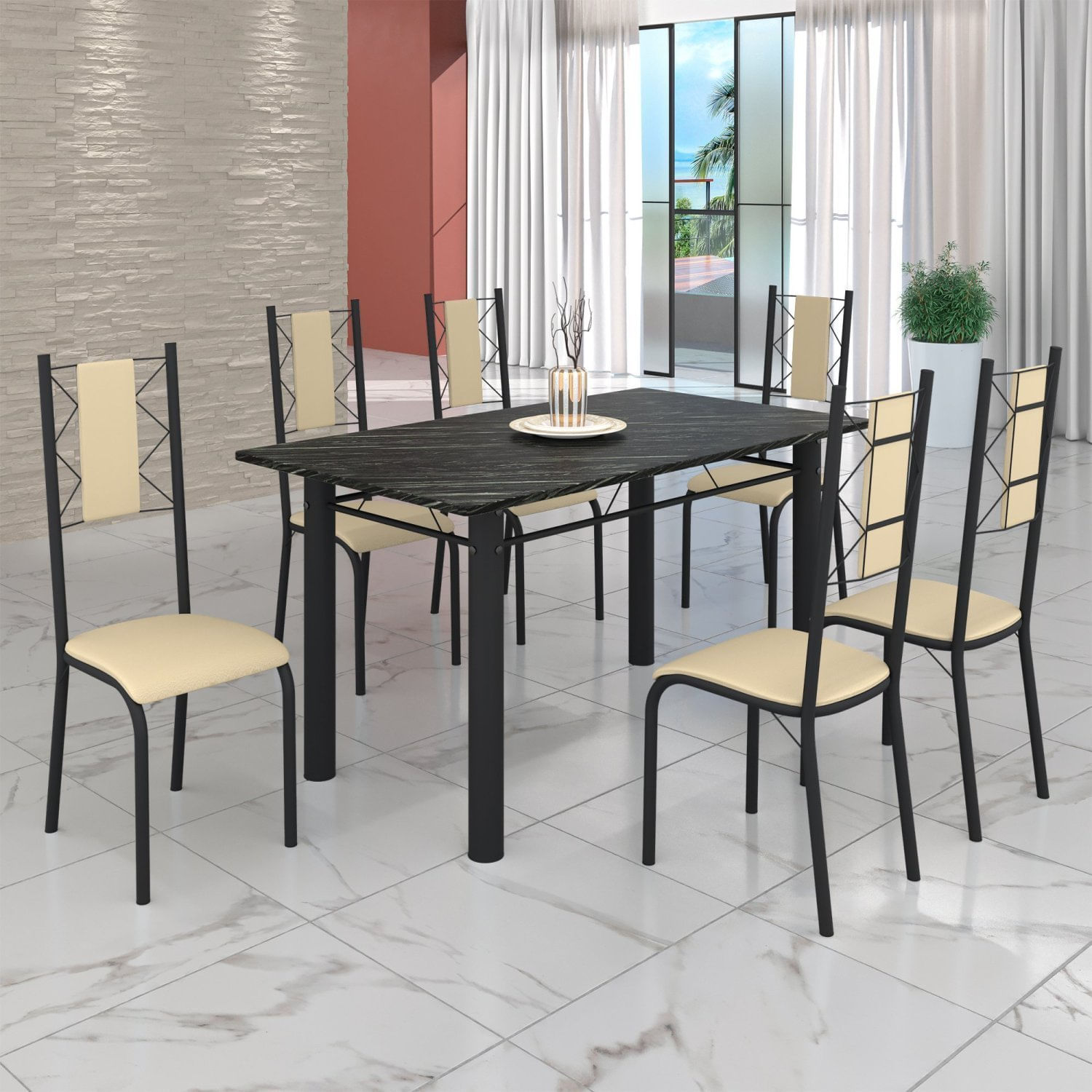 Conjunto Sala De Jantar Bahia Mesa Tubo 140x75cm Tampo Pedra Ardósia Indiana Com 6 Cadeiras Preto/creme