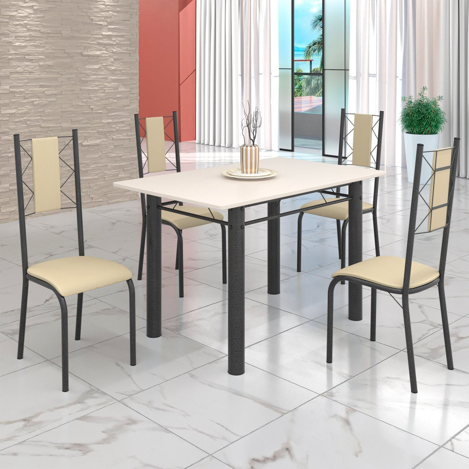 Conjunto Sala De Jantar Bahia Mesa Tubo 120x75cm Tampo Madeira Com 4 Cadeiras Prata Mart/creme/off White