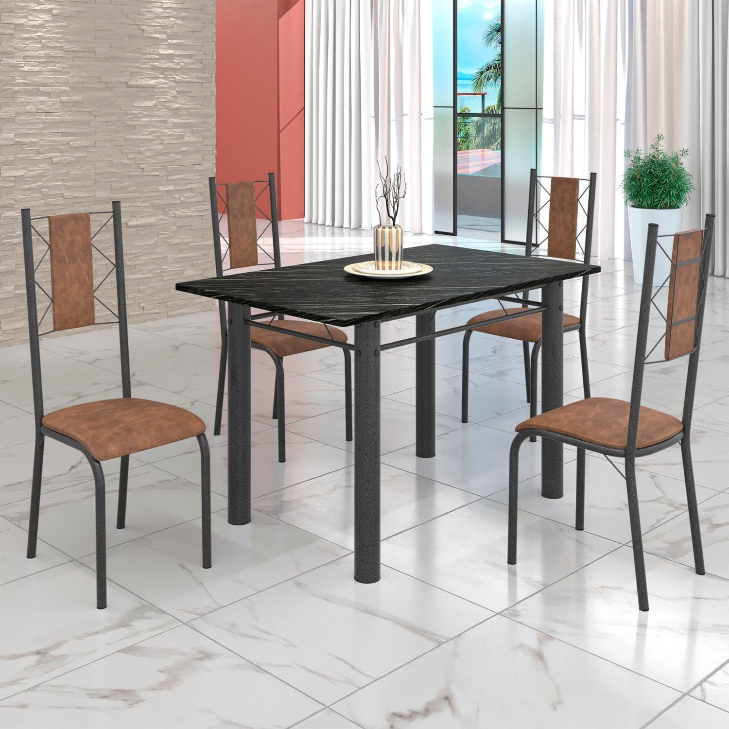 Conjunto Sala De Jantar Bahia Mesa Tubo 120x75cm Tampo Pedra Ardósia Indiana Com 4 Cadeiras Prata Mart/marrom