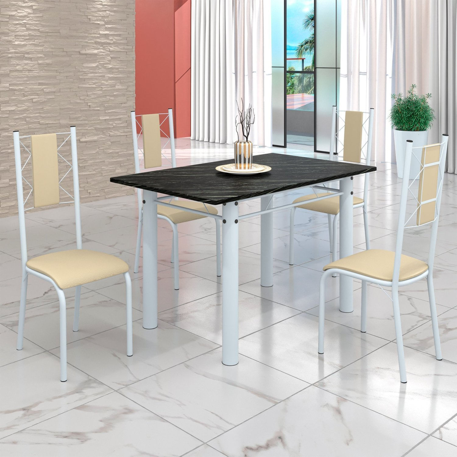 Conjunto Sala De Jantar Bahia Mesa Tubo 120x75cm Tampo Madeira Indiana Com 4 Cadeiras Branco/creme