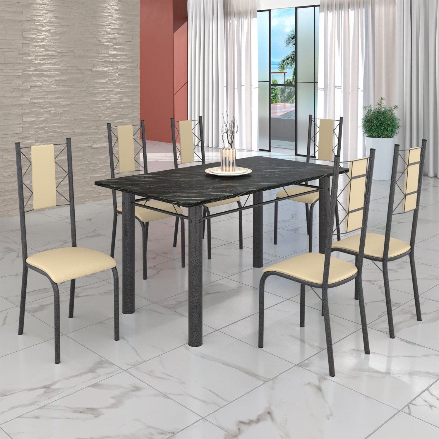 Conjunto Sala De Jantar Bahia Mesa Tubo 140x75cm Tampo Pedra Ardósia Indiana Com 6 Cadeiras Prata Mart/creme