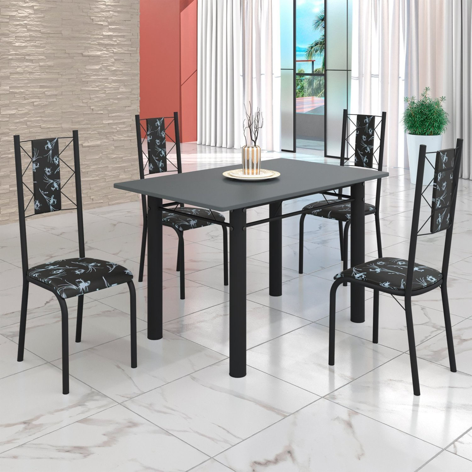 Conjunto Sala De Jantar Bahia Mesa Tubo 120x75cm Tampo Pedra Com 4 Cadeiras Preto/preto Floral