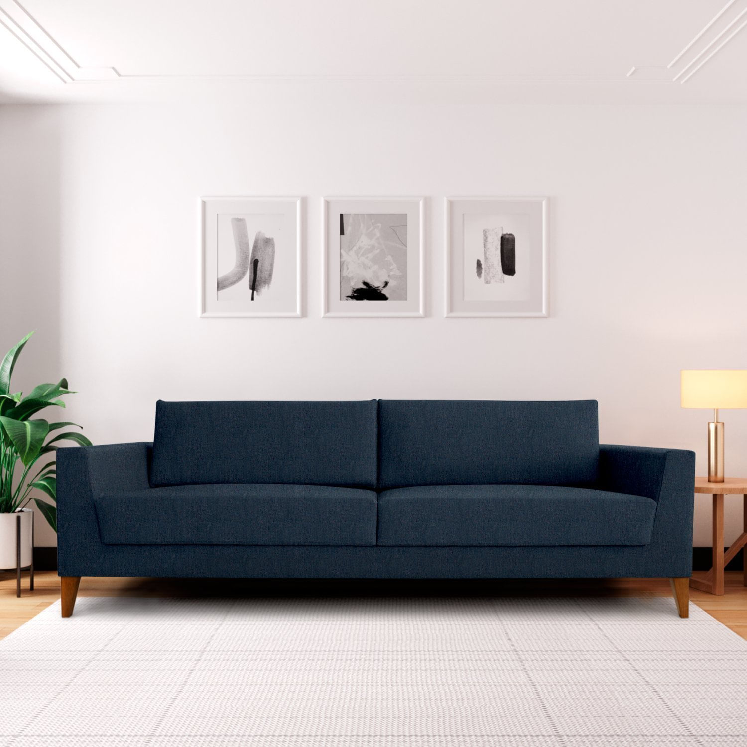 Sofá 2 Lugares 180cm Break Estilo Moderno Linho Pés Em Madeira Maciça Azul Jeans