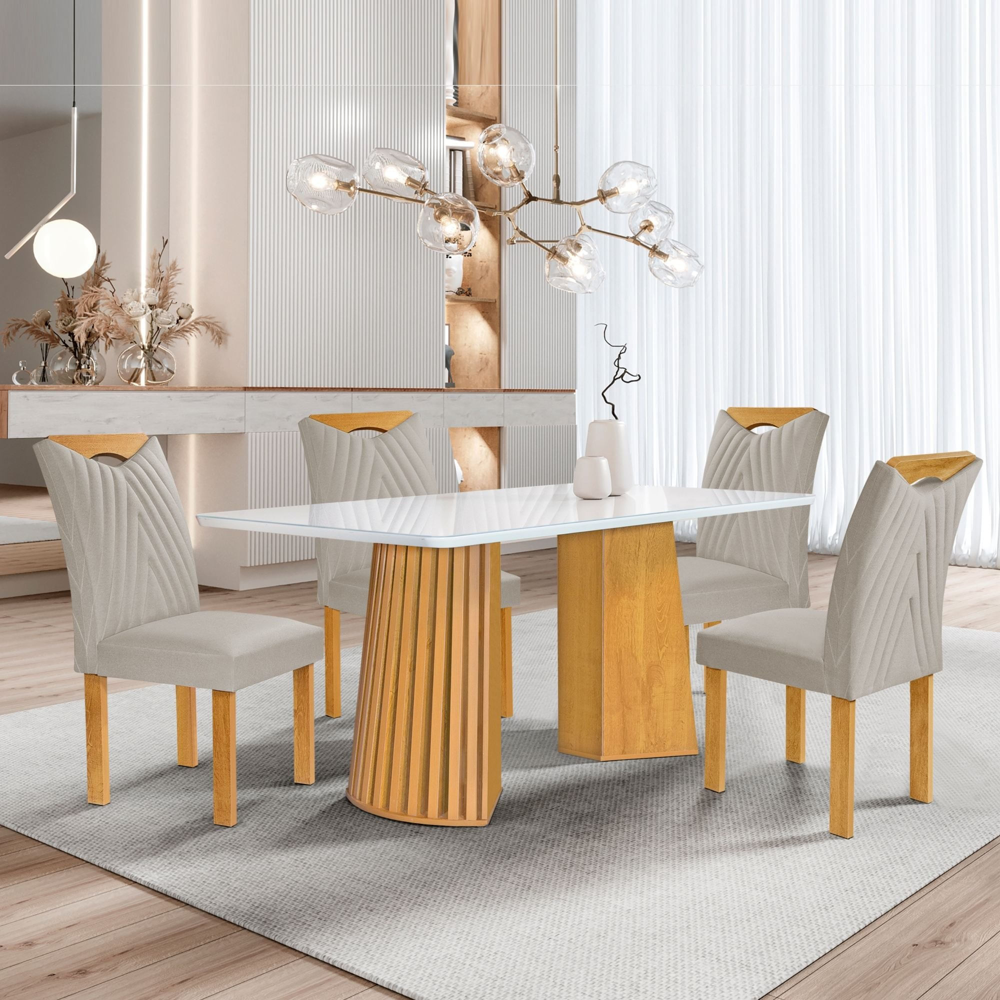Conjunto Mesa Stella Ripada 120cm Com 4 Cadeiras Stella Tampo Smart Plus Com Vidro Cinamomo/off White/veludo Bege Claro