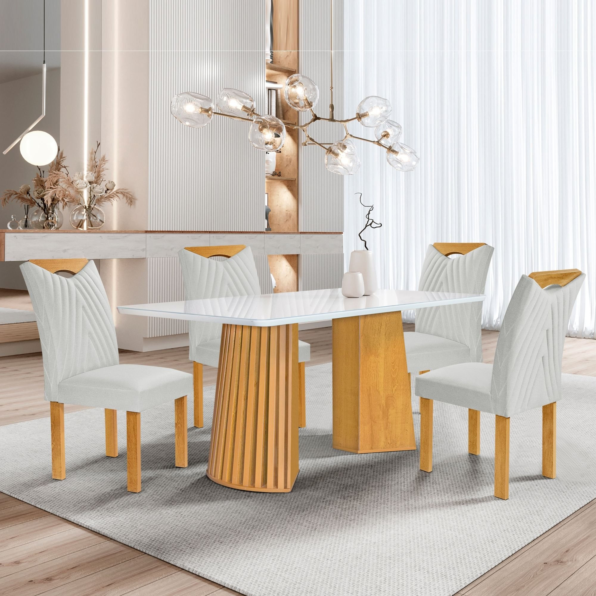 Conjunto Mesa Stella Ripada 120cm Com 4 Cadeiras Stella Tampo Smart Plus Com Vidro Cinamomo/off White/boucle Gelo