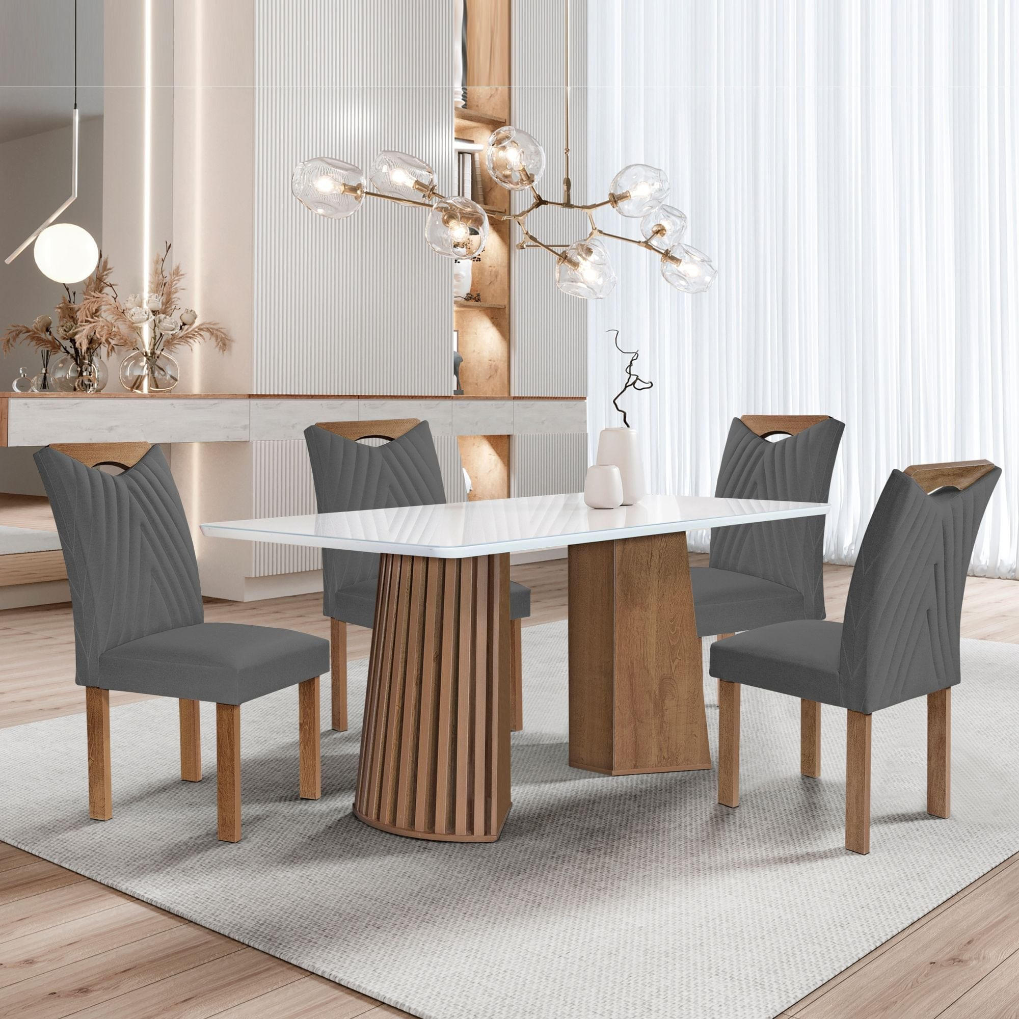 Conjunto Mesa Stella Ripada 120cm Com 4 Cadeiras Stella Tampo Smart Plus Com Vidro Chocolate/off White/veludo Cinza