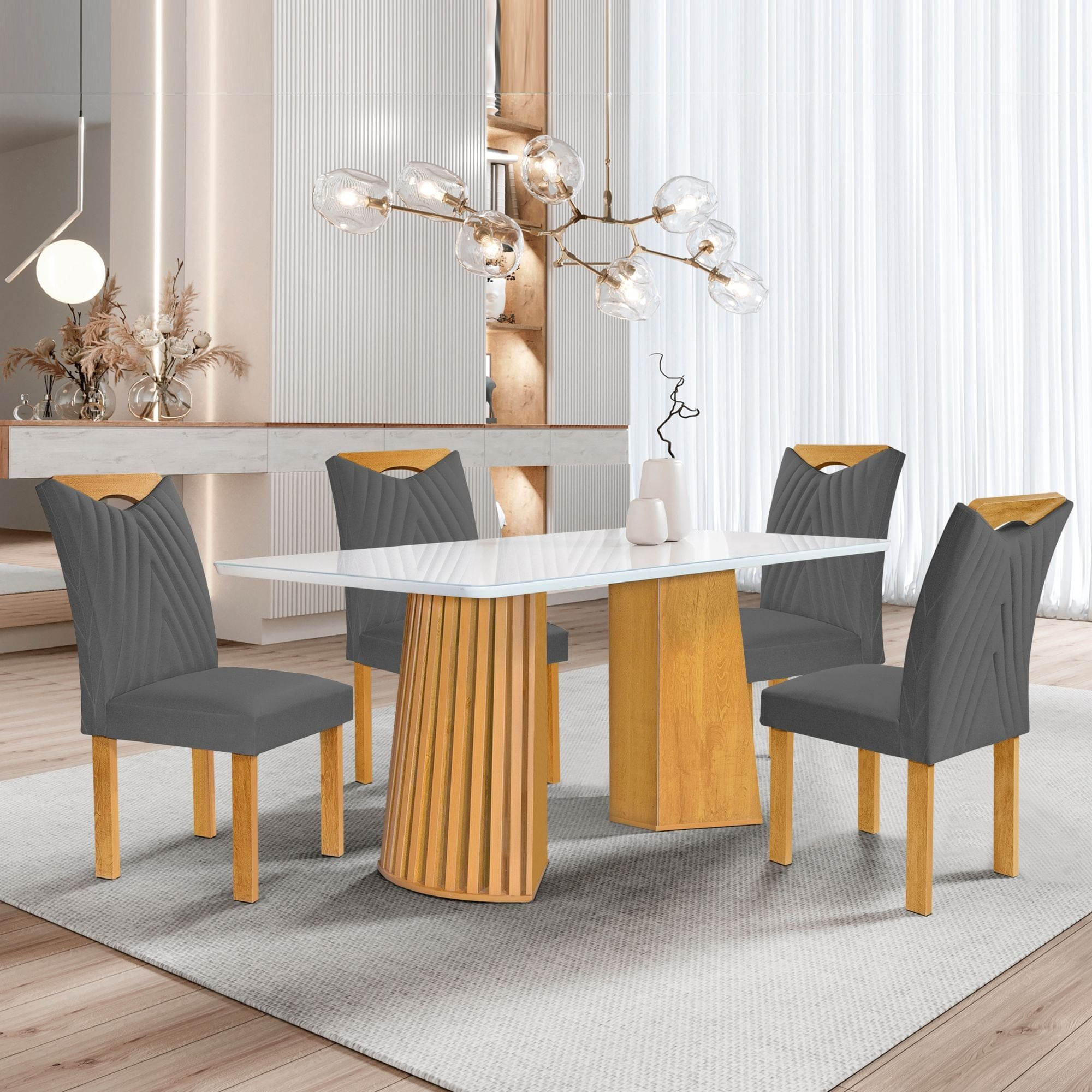 Conjunto Mesa Stella Ripada 120cm Com 4 Cadeiras Stella Tampo Smart Plus Com Vidro Cinamomo/off White/veludo Cinza