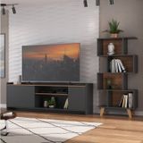 Conjunto Rack Para Tv Até 60 Polegadas 2 Portas 2 Nichos E Estante Livreiro 4 Nichos Hecol Móveis Grafite/nogal