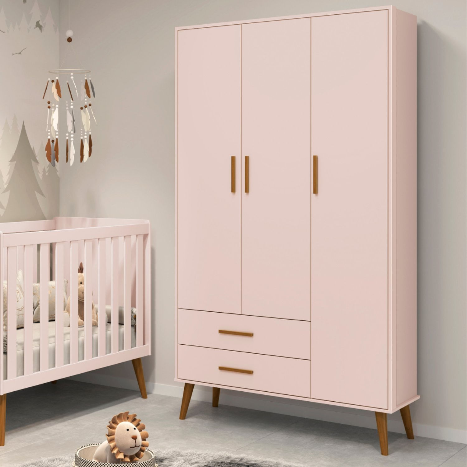 Guarda Roupa Infantil 3 Portas 2 Gavetas Isis Móveis Reller Rosa