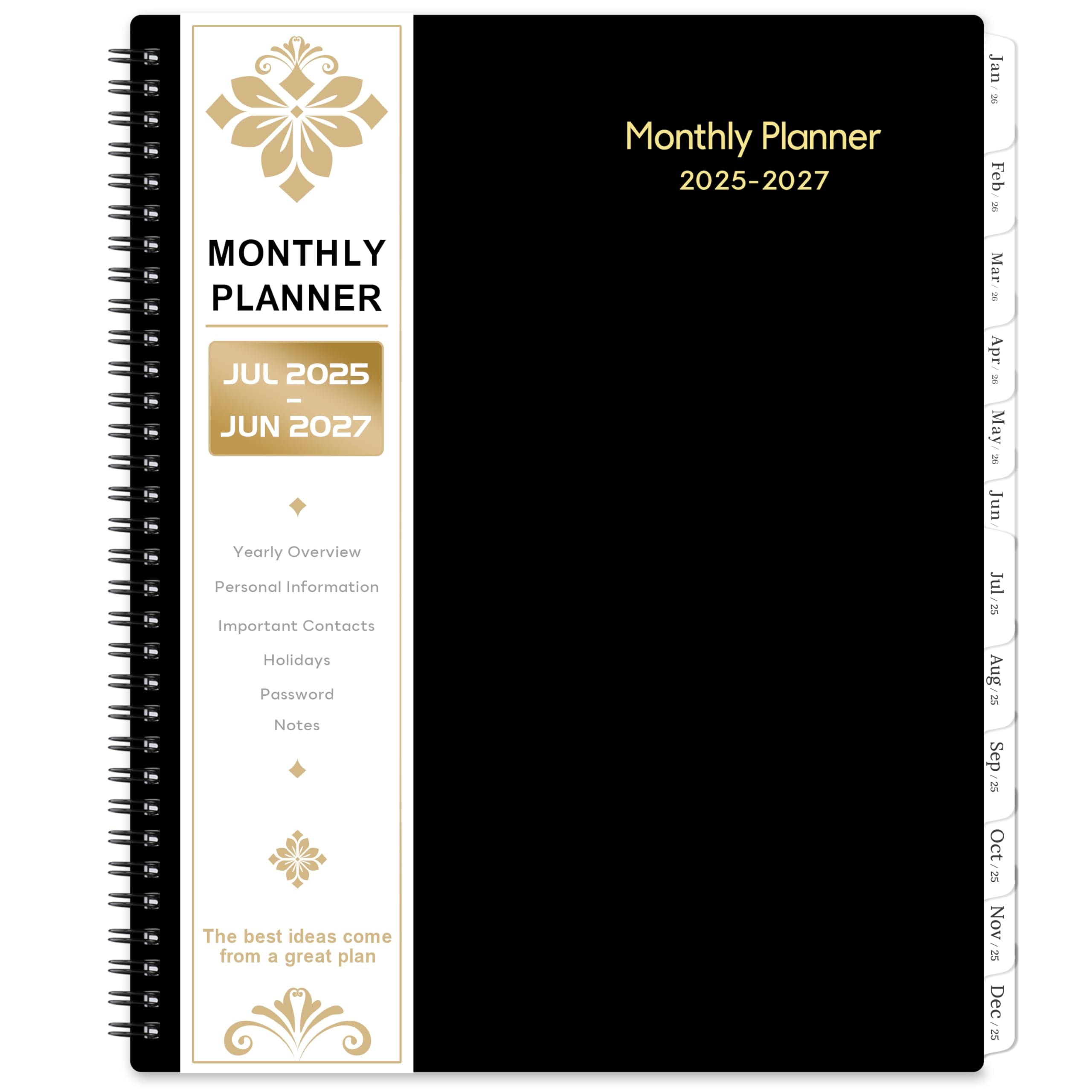 Agenda Mensal Artfan 2025-2027, 24 Meses Com Abas, Preta