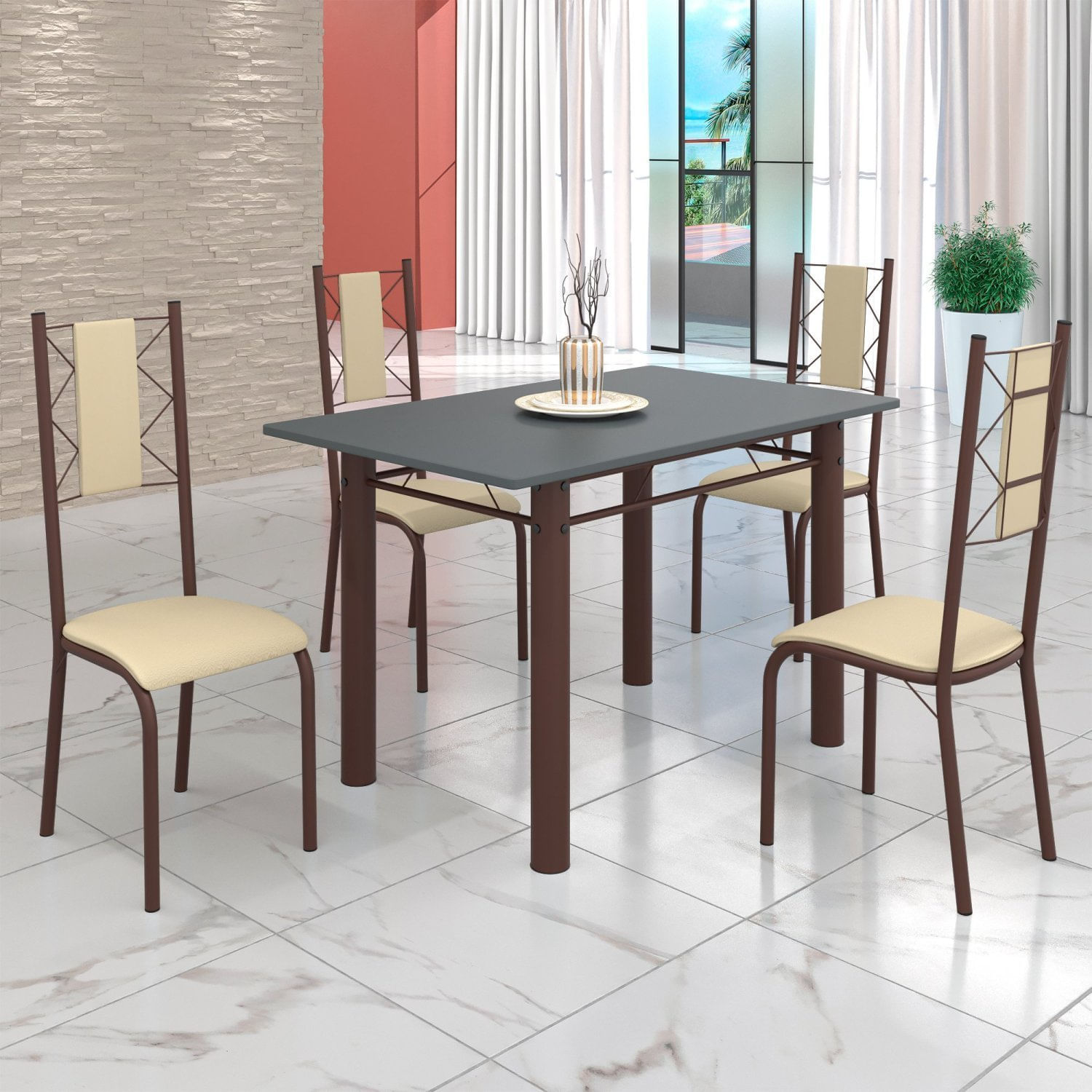 Conjunto Sala De Jantar Bahia Mesa Tubo 120x75cm Tampo Madeira Com 4 Cadeiras Marrom/creme/grafite