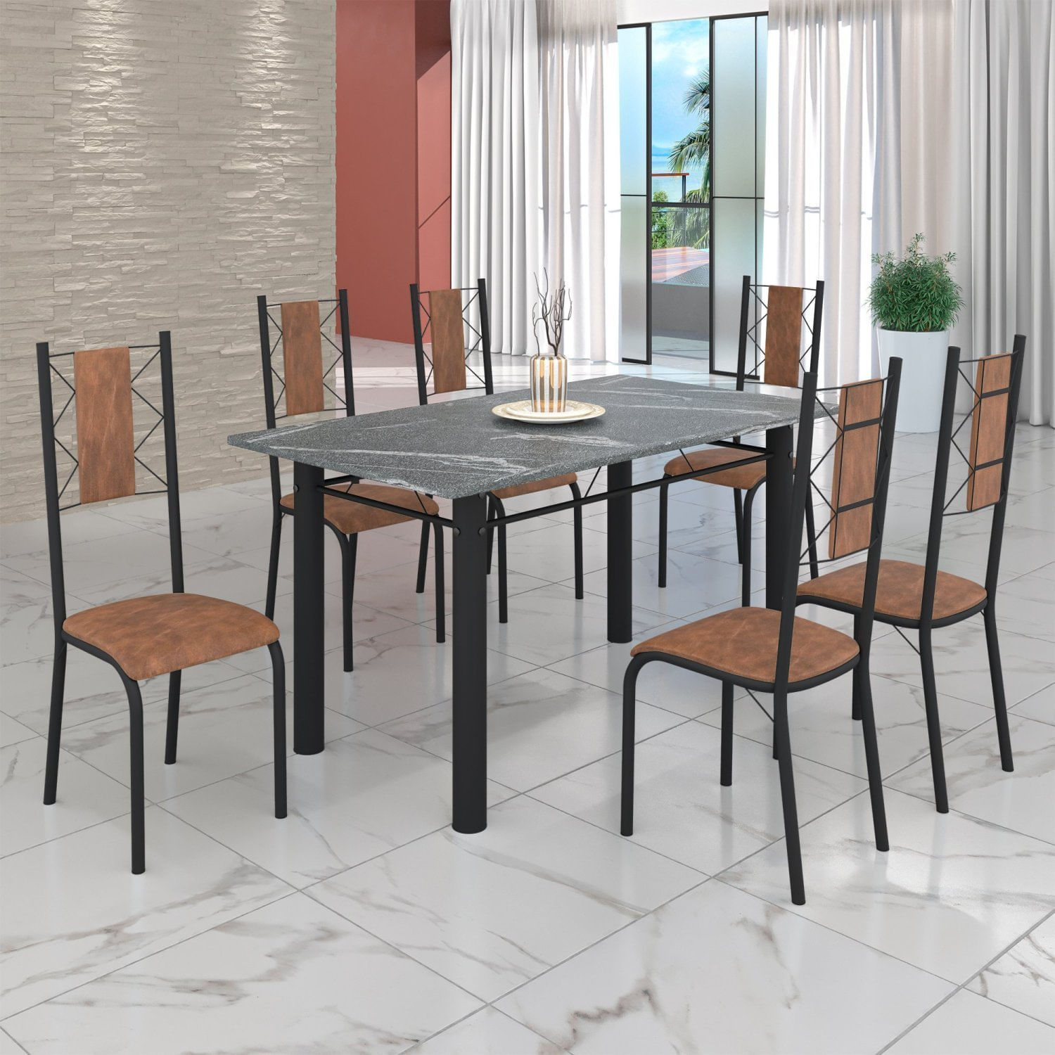 Conjunto Sala De Jantar Bahia Mesa Tubo 3" 140x75cm Tampo Pedra Granito Topázio Com 6 Cadeiras Preto/marrom