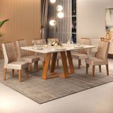 Conjunto Sala De Jantar Mesa Kiara 160x90cm Tampo Vidro/mdf Com 6 Cadeiras Lidia Dj Móveis Freijó/off White/veludo Kraft