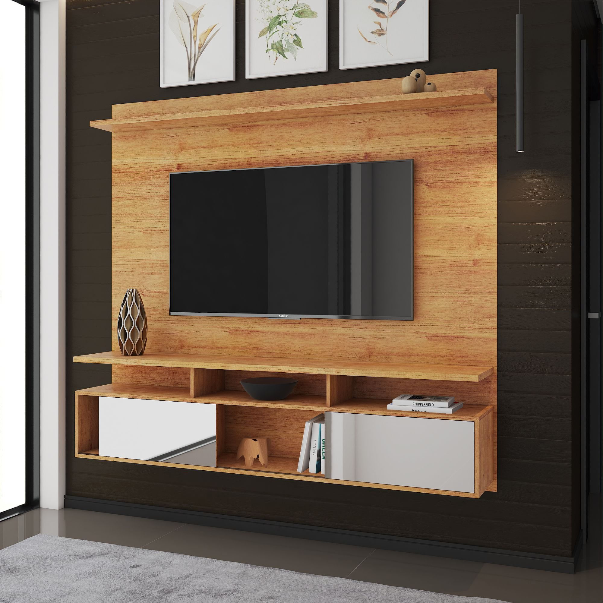 Estante Home Suspensa Para Tv Até 70 Polegadas 2 Portas Com Espelho 2 Prateleiras Sonari Viero Mel