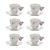 Cj 6 Xícaras P/chá C/pires De Porcelana Branca Borboletas 200ml Wolff