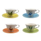 Cj 4 Xícaras P/chá C/pires De New Bone China Colorida Flora 220ml L&#39;hermitage