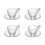 Cj 4 Xícaras P/café C/pires De Vidro Golden Bird Transparente 80ml Wolff