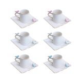 Cj 6 Xícaras P/café C/pires Quadrado Porcelana Birds Design Plate Colorido 80ml Wolff