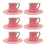 Cj 6 Xícaras P/café C/pires De Porcelana Rosa C/aça Dourada Galet 80ml L&#39;hermitage
