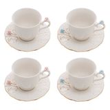 Cj 4 Xícaras P/chá C/pires De Porcelana Branca Flower Design Plate Colorido 200ml Wolff
