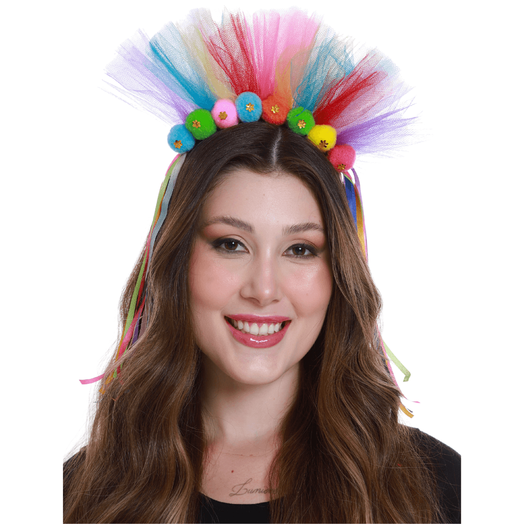 Tiara Pompom Arco-íris Com Tule E Fitas– Acessório Colorido
