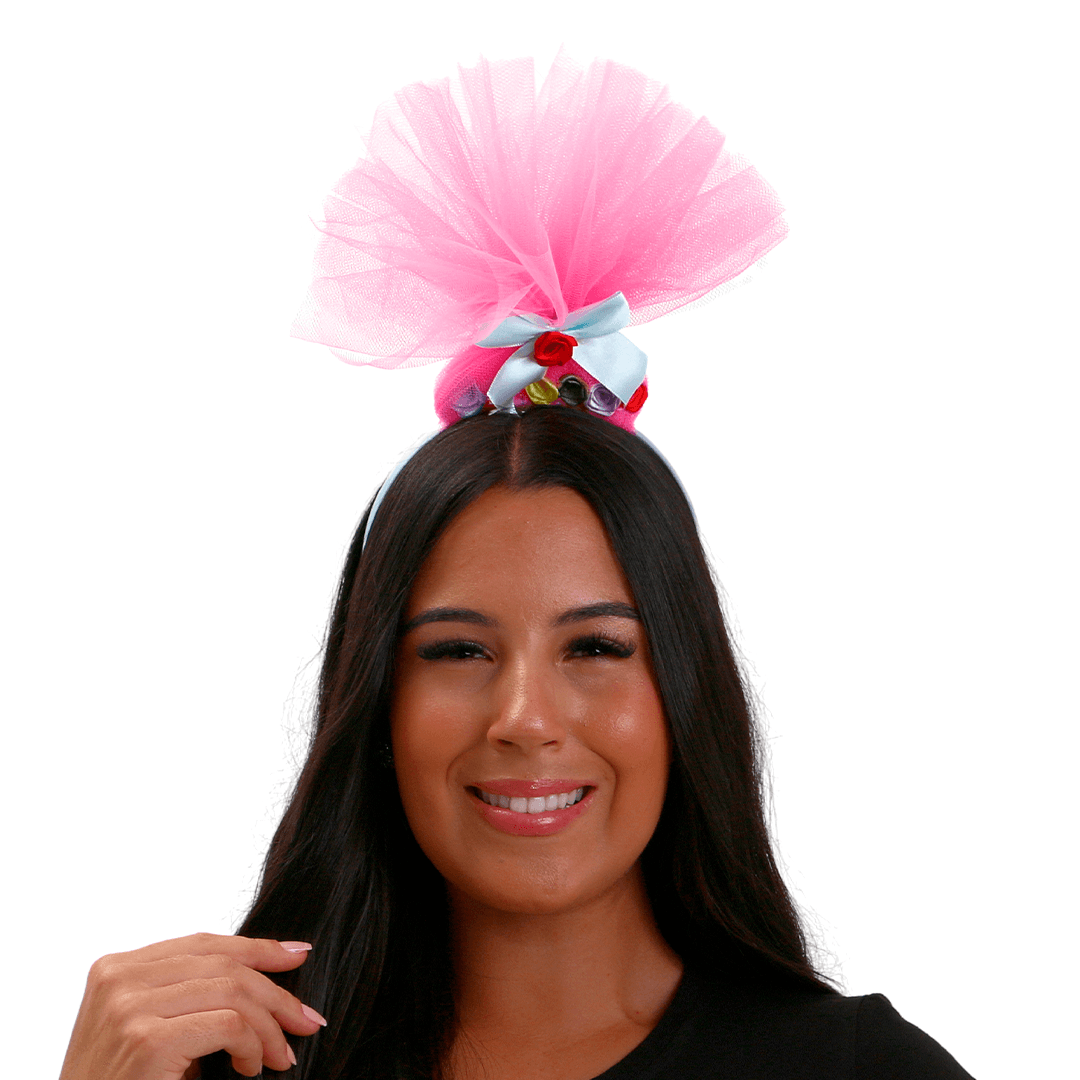Tiara Troll Com Tule E Detalhes De Flores – Acessório De Carnaval