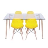 Conjunto De Sala De Jantar Mesa Com Tampo De Vidro Com 4 Cadeiras Base De Madeira Colmeia Amarela