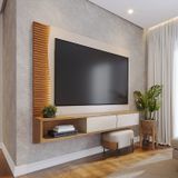 Painel Para Tv Até 65 Polegadas Com Led Detalhe Ripado 2 Portas Egeu Off White Matte / Freijó
