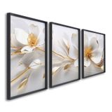 Quadro Decorativo Floral Delicado Magnólias Com 3 Telas De Parede Para Sala Quarto Escritório 60cm X Com Vidro Preto