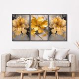 Quadro Decorativo Floral Amarelo Com 3 Telas De Parede Para Sala Quarto Escritório 60cm X 90cm Com Vidro Preto