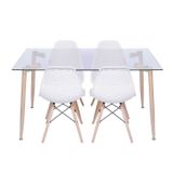 Conjunto De Sala De Jantar Mesa Com Tampo De Vidro Com 4 Cadeiras Base De Madeira Colmeia Branca