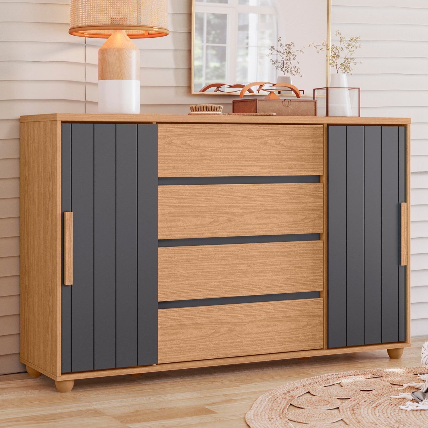 Cômoda 2 Portas Correr 4 Gavetas Evidenza Freijó/off White/titanium