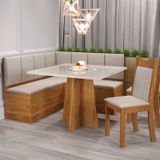 Conjunto Canto Alemão Com Baú Trento Mesa Quadrada Com Vidro 90x90 E 2 Cadeira Dallas Em Mdp/mdf Mel/marfim/off White